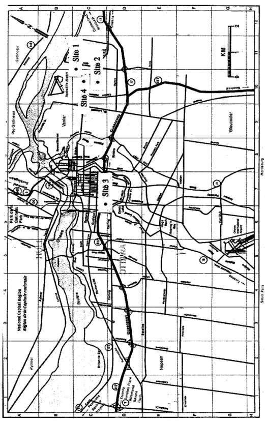 Figure 3.  Street plan  of Ottawa showing the locations of the study sites. 