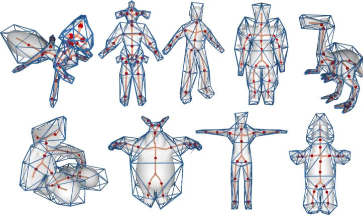 Fig. 16. A collection of cages for models with extrinsic symmetry: Antcat, Jocker, Skater, Warrior, Dinopet, Elk, BigBunny, ManTpose and Homer.