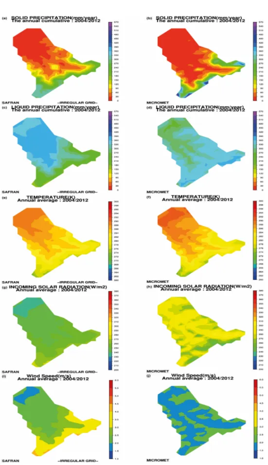 Figure 3. Map of yearly average snowfall (a,b), rainfall (c,d), air temperature (e,f), incoming solar radiation (g,h) and wind speed (i,j) for the two models SAFRAN (left) and MicroMet (right) on the Rheraya sub-basin for the period 2004–2012.