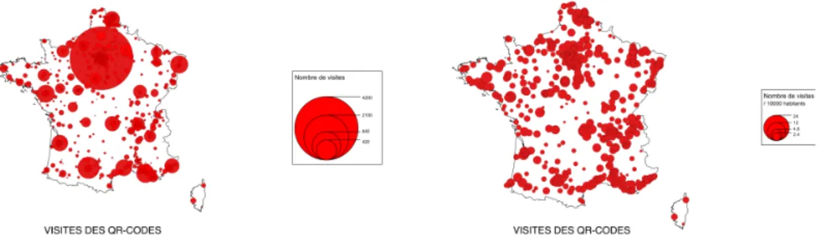 Fig. 2. Visites des QR-codes (effectifs absolus à gauche pour l’ensemble des villes ; effectifs pour 10000  habitants pour les villes de plus de 10000 habitants à droite) 