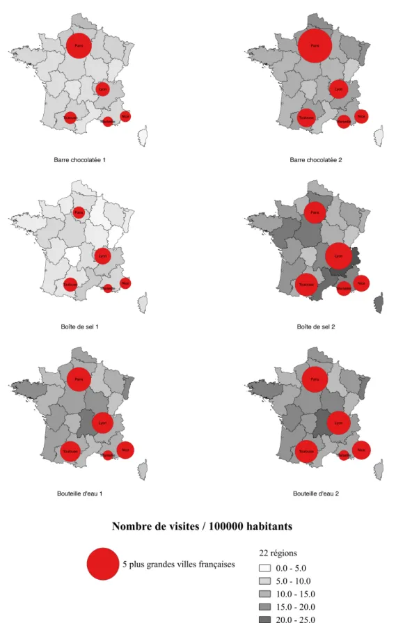 Fig. 5. Évolution du nombre du nombre de visites pour 1000 habitants, par campagne pour les régions et les  cinq plus grandes villes françaises 