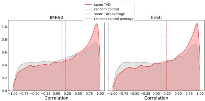 Fig 5: Genes belonging to the same TADs show an higher correlation in expression. Correlations between gene expressions for genes belonging to the same TAD were calculated, for two different TADs sets (IMR90, hESC cells)
