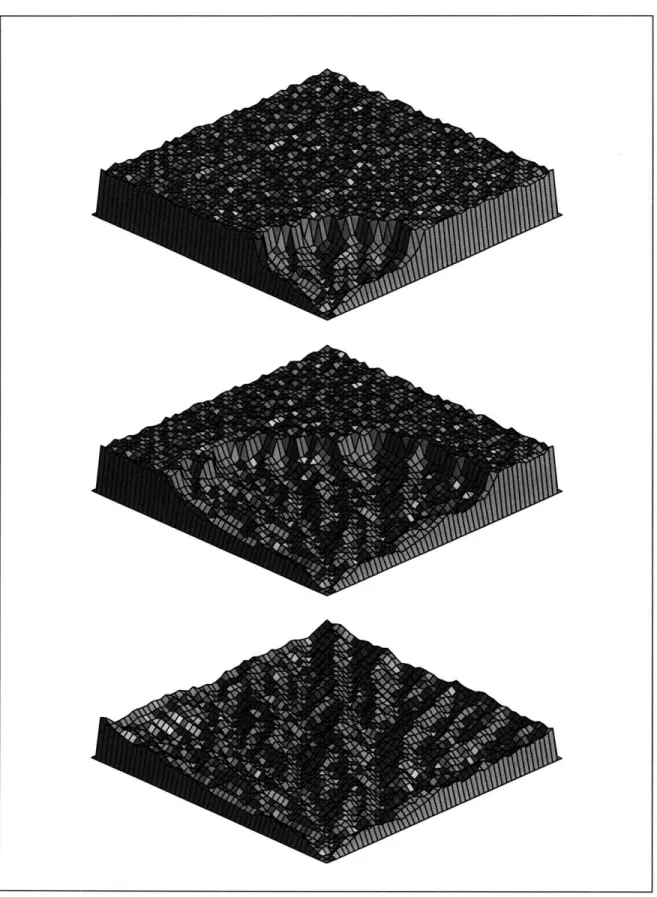 Figure  3-1:  The  development  of  topography  by  the  Discrete  Event  model  with  an outlet  specified  in  the  corner