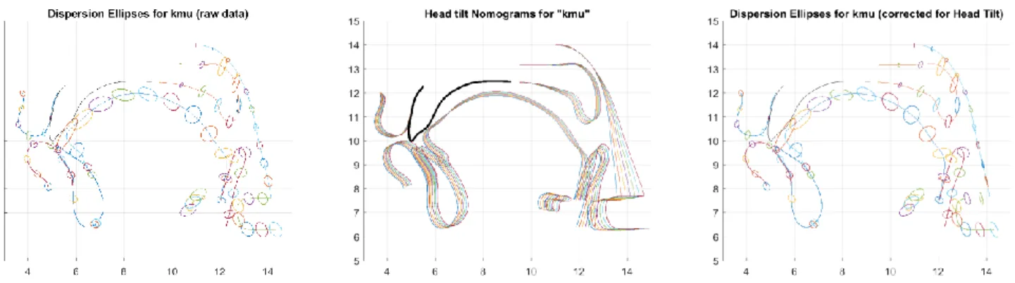 Figure 2. Illustration of the head tilt correction. Left: dispersion ellipses of raw contours plotted for every 15 th  point; 
