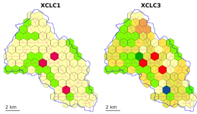 Figure 6: Comparison of the stream networks for a watershed tiling into 89 hexagons of 1 km 2 .