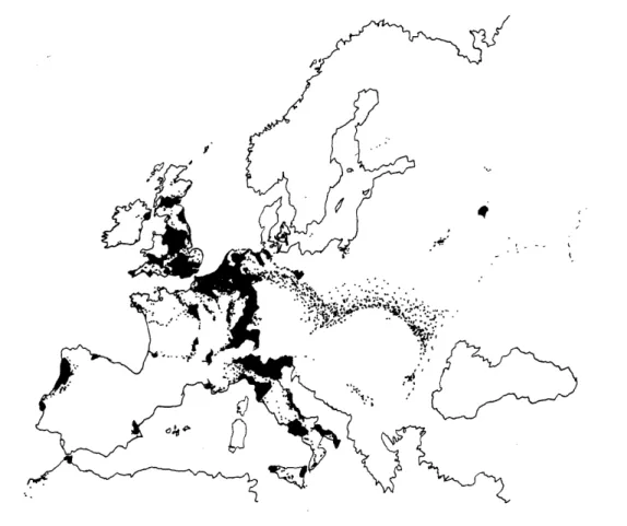 FIGURE 1.  POPULATION DENSITY  IN  EUROPE. (  Areas shown  solid black have over  200  persons/square  kilometre