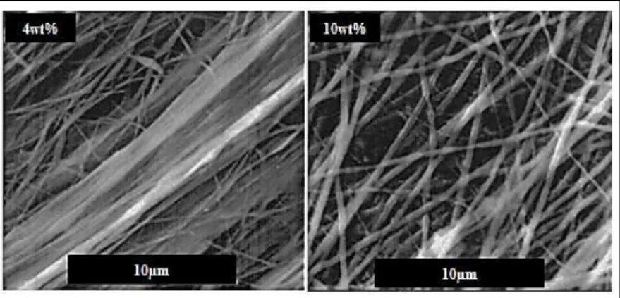 Figure I. 10.  Photos MEB de nanofibres PEO filées en fonction de la concentration [24]  