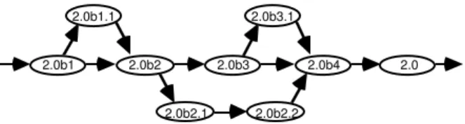 Figure 3. Branching to support simultaneous bug and feature revisions. Ovals represent the changing configuration item