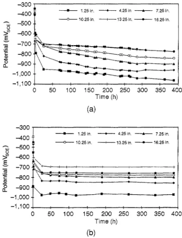 FIGURE 5. Potential-vs-time profile along a crevice polarized at-1.19 V SCE' The solution in (b) was 10 times more dilute than in (a).