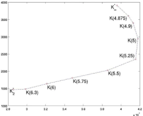 Fig. 7.1 . H 2 /H ∞ optimal static controllers K(γ ∞ ) = (K 1 (γ ∞ ), K 2 (γ ∞ )) ∈ R 2 for the vehicular suspension control problem
