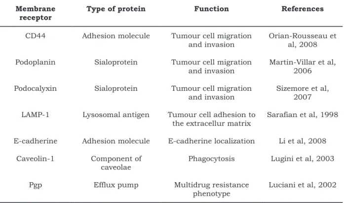 Table  1-2.  Ezrin-associated  membrane  receptors  related  to  the  formation  of  tumour metastasis