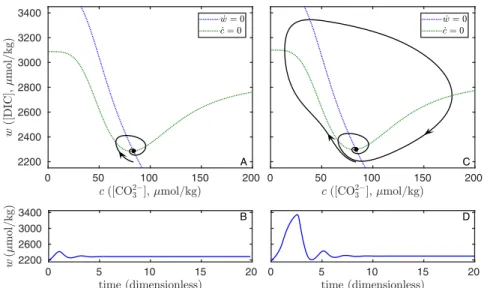 Fig. 5. Evolution following perturbations below and above the excitations threshold. (A–D) Phase-plane representation and the time series w(t) for a sub- sub-threshold perturbation with ν = 0.35 (A and B) and an above-threshold perturbation with ν = 0.40 (