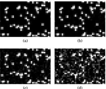 Fig. 4: Local patches of image samples of four noise levels (PSNR values): (a) noise-free; (b) 40 dB; (c) 30 dB; (d) 20 dB.