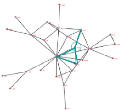 Fig 5. Example of an induced subgraph of radius 1 about a (circled) node.