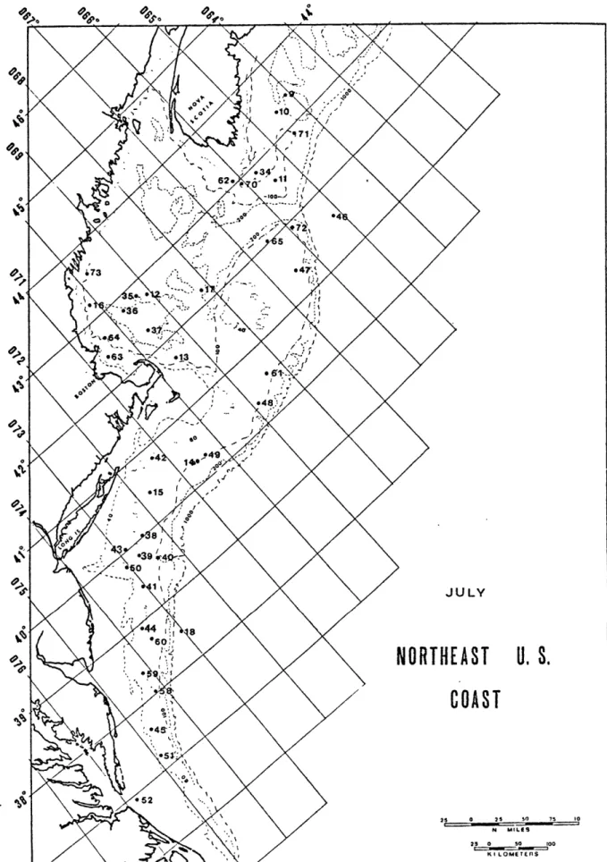 Figure 3.3  - Geographical  distribution  of  internal  waves  observations for  the  month  of  July  (1972,  1973  and  1974).