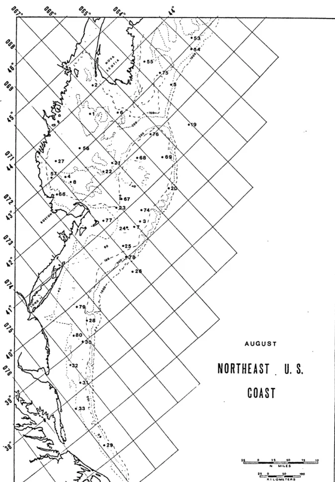 Figure  3.4  - Geographical  distribution  of  internal  waves  observations for  the  month or  August  (1972,  1973 and  1974).