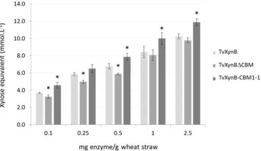 Fig 3. Wheat straw hydrolysis by Tv XynB xylanase and its derivatives. Black, grey and white bars represent Tv XynB-CBM1-1, Tv XynB and Tv XynB Δ CBM respectively