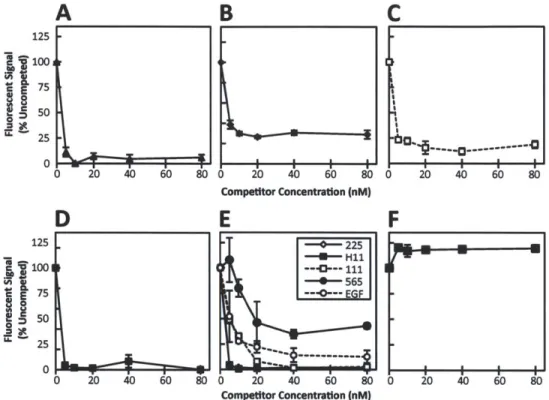 Figure  2.5.  mAb  and  EGF  competition  assays.  HMEC  cells  were  pre-blocked  for  1 h  at  4*C  with  the  indicated concentration  of unlabeled competitor:  199.12  (A)  (A),  EGFR1  (*)  (B),  111  (E)  (C),  HI 1 (U)  (D)  and (F), or 225 (K), HI 