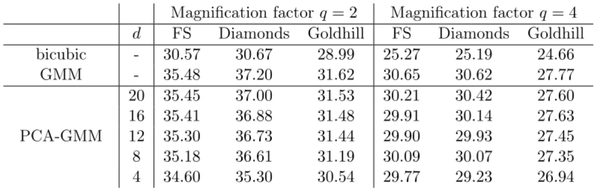 Table 1: PSNRs of the reconstructions of artificially downsampled 2D images using either bicubic interpolation, a GMM or PCA-GMM for different choices of d