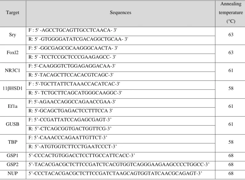 Table 1. Primers used in this study.   Target  Sequences  Annealing  temperature  (°C)  Sry  F : 5' -AGCCTGCAGTTGCCTCAACA- 3'  63  R: 5' -GTGGGGATATCGACAGGCTGCAA- 3'  Foxl2  F: 5' -GGCGAGCGCAAGGGCAACTA- 3'  R: 5' -TCCTCCGCTCCCGAAGAGCC- 3'  63  NR3C1  F: 5'