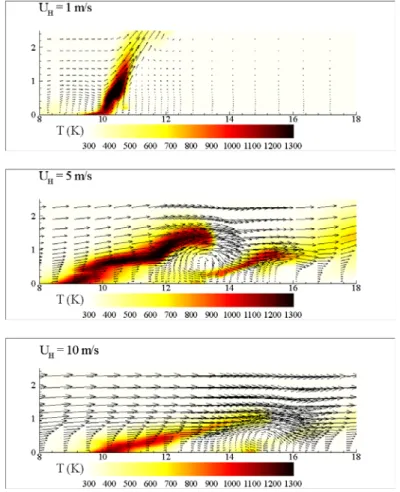 Fig. 2: Champ de température (gaz) et vecteurs vitesse calculés au cours de la  propagation d’un feu de surface à travers une garrigue Méditerranéenne (résultats  obtenus pour trois vitesses de vent relevées à 2 m au dessus du sol