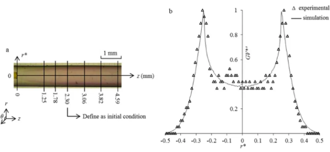 Fig. 8 Determination of the diffusion coefficient of oxygen:  (a) Typical experimental image representing the  diffusion of O2 in the dye solution; (b) Comparison between the experimental radial  profile of the  normalized grey values   with the predicted 