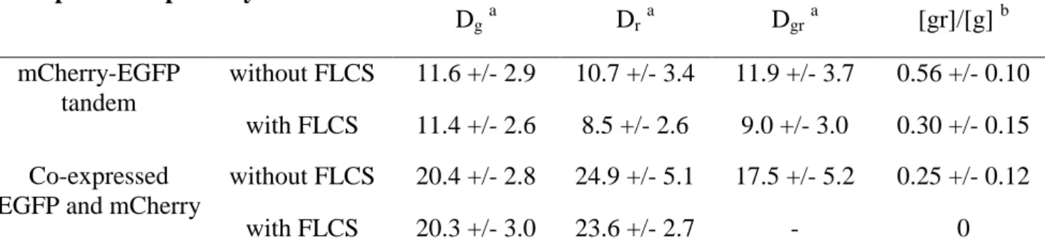 Table 1: Diffusion time and cross-correlation ratio of EGFP-mCherry tandem and co- co-expressed separately   D g a    D r a  D gr a  [gr]/[g]  b  mCherry-EGFP  tandem  without FLCS  11.6 +/- 2.9  10.7 +/- 3.4  11.9 +/- 3.7  0.56 +/- 0.10  with FLCS  11.4 