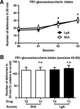 Figure 5. A,Re-escalationofcocaineintakeinratswithahistoryofLgA,butnotinratswithahistoryof ShA,tococaine.#Significantincreasevssession70(ttest,p ⬍ 0.05).B,Slowerextinctionofrespondingin rats with a history of LgA cocaine self-administration