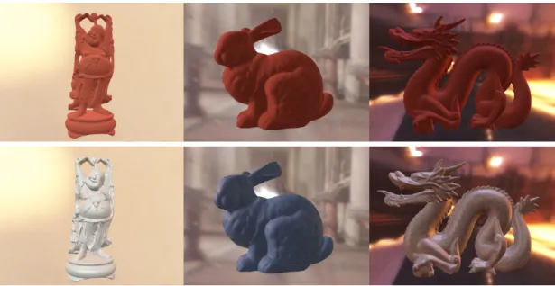 Figure 7: Spherical IFD with varying lter widths: we illustrate diuse (wide; top) and glossy (narrower; glossy) lters for various scenes and lighting environments