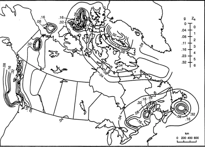 FIGURE 2-1 Contours of peak horizontal ground accelerations, in units of g, having a probability of exceedance of 10% in 50 years.