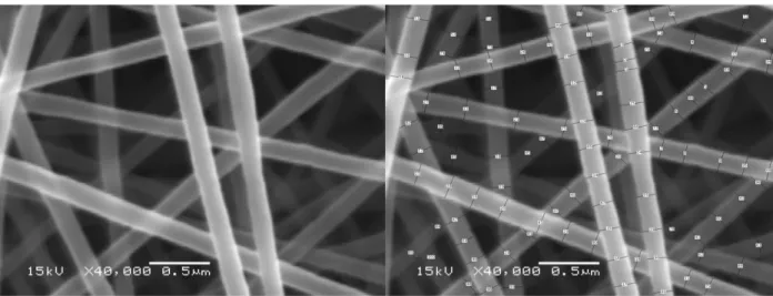 Figure 2-5. SEM micrograph of a representative PA 6(3)T fiber mat (left), and the same image  after taking 100 diameter measurements using ImageJ (right)