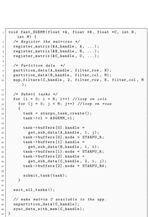 Figure 6: Blocked matrix multiplication written with StarPU using the codelet defined in Figure 4 and the filters described on Figure 5.