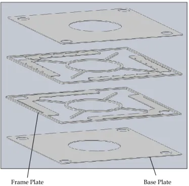 FIGURE 4. Exploded view of condenser consisting of four photo- photo-chemically etched plates that are brazed together to from fluid channels.