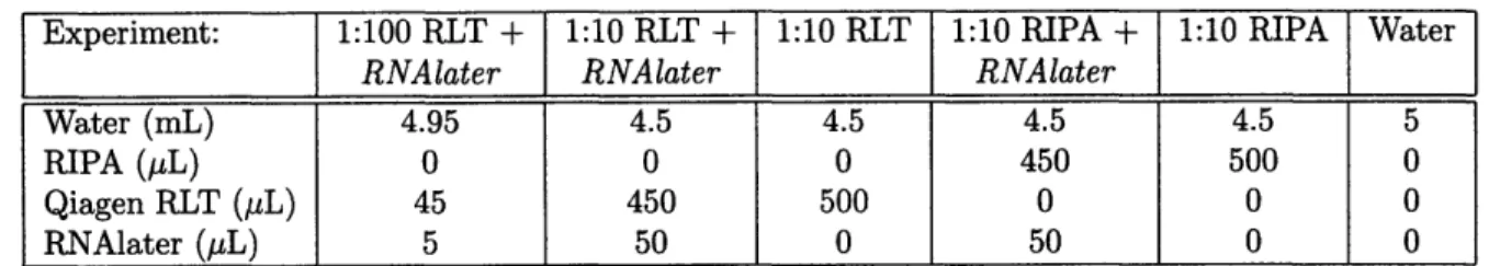 Table  1:  Buffer  Concentrations  for  BCA  Assay  Experiment  to  Determine  Compatibility  of RNAlater with  Quantitation  of Total  Protein.