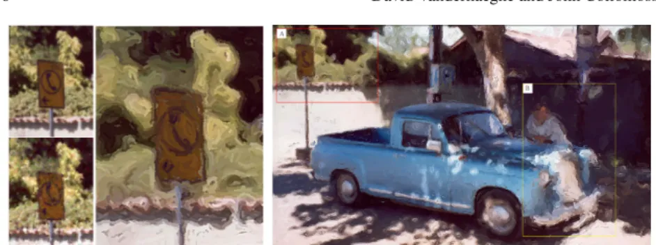 Fig. 1.7 Global optimization using a Genetic Algorithm. Left: Source image, and a painterly ren- ren-dering produced using Litwinowicz’ method [17] based on intensity gradient; all ﬁne details are emphasized in the painting