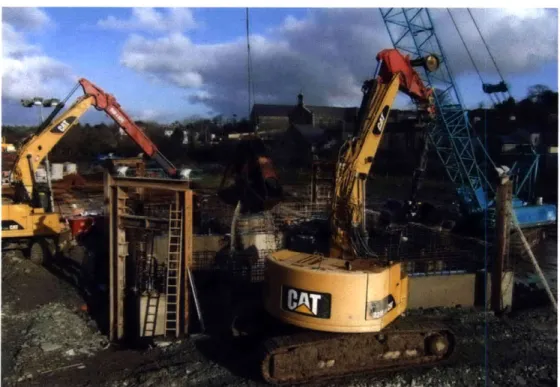 Figure  2-21:  Sinking of main pump  station caisson using various  excavators  and hydraulic jacks