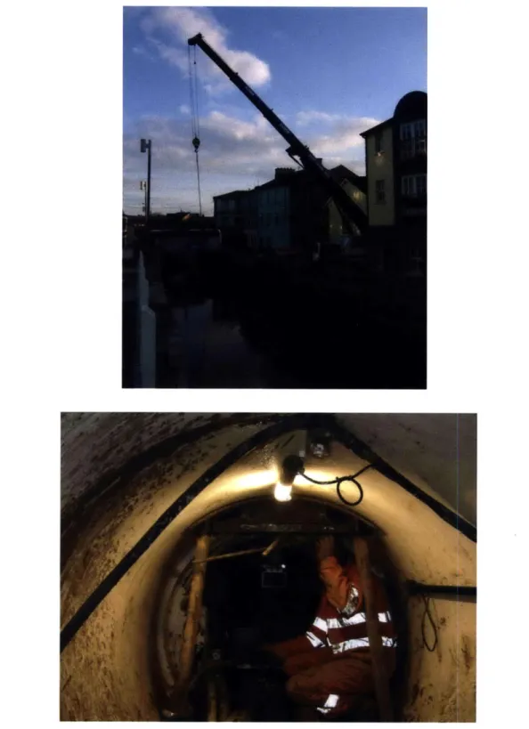 Figure  2-30:  Crane  attached  to  TBM:  (a)  At  ground  level,  (b)  inside  TBM  where  crane  is attached