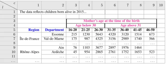 Figure 1: Outline of a sample statistics table in an INSEE dataset.
