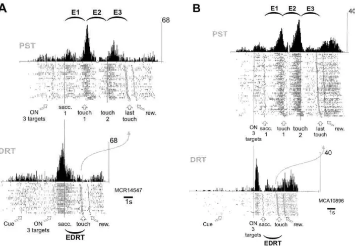 Figure 3.  Activities during correct trials in PST and DRT. Two examples (A and B). Same  conventions as in Figure 2