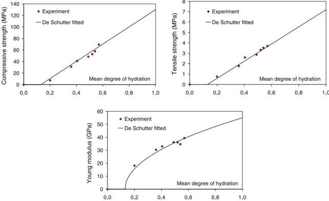 Fig. 14. Fitting of De Schutter's laws for low-pH concrete T L (experiments from [32]).