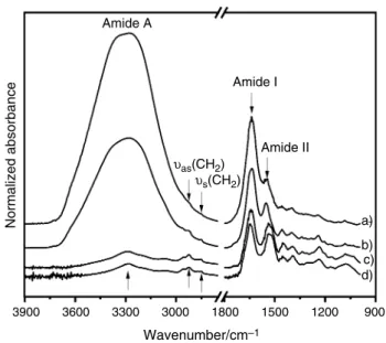 Fig. 1    FTIR-ATR spectra of oral mucosa in the 3900–900 cm −1  spec- spec-tral region; (a) hydrated epithelium, (b) hydrated lamina propria, (c)  lyophilized lamina propria and (d) lyophilized epithelium