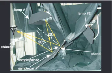 Figure 1. Side view of the booth built for gloss observations. Set up for illumination and observation at 20°