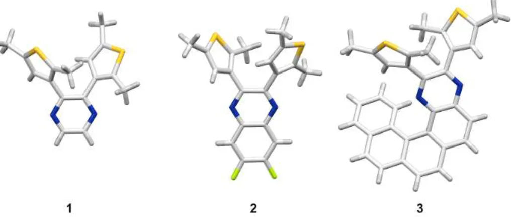 Figure 2. Small molecule crystal structures of DAE systems 1–2 in parallel conformation and 3 in  antiparallel conformation, with space groups Pca2 1 , P–1, and P2 1 /c, respectively (for details, see  Section S3 in the SI)