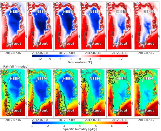 Figure 1. Simulated daily mean surface temperature (top color maps), speciﬁc humidity (bottom color maps, in g/kg), and precipitation (black curves on bottom maps, in mm/day) from MAR regional model outputs at the ﬁrst model vertical level (2–3 m agl), fro