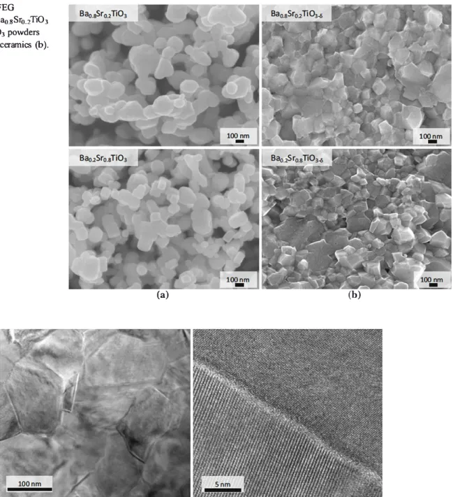 Figure  1  MEB FEG  micrographs of Bao.8Sro.2Ti0 3  and Bao2Sro.8 Ti0 3  powders  (a) and fractured ceramics (b ).