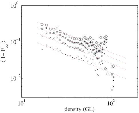 Fig. 10. Log-log plot of the average axial compressive strain vs. initial average den- den-sity (in gray levels) for the first (•), second (×), third (× +) and fourth (◦) deformation steps