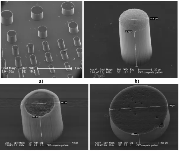 Figure 3.3: SEMs of a) CVD-grown CNT pillars on Si wafer surface; b), c), d) Pillars of  different sizes made of pure CNTs