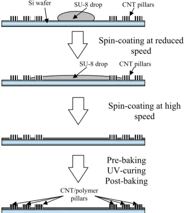 Figure 3.6: Illustration of the process used in the third set of tests to wet CNT  pillars with the SU-8 resin
