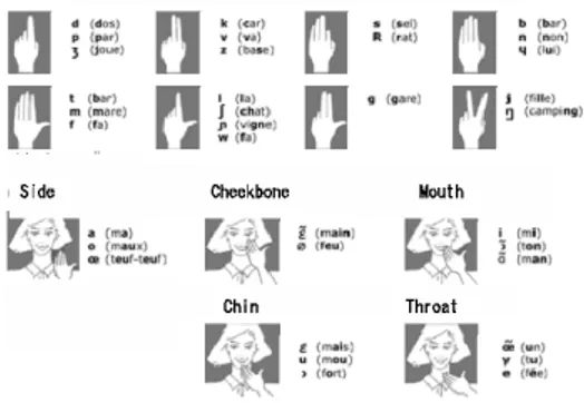 Fig. 1. Handshapes for consonants (top) and hand position (bottom) for vowels in Cued Speech for French.