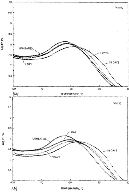 FIG.  1.  DMA  Curves  for  Specimen  V1  Aged  at:  (a)  100~  for  0  Days  (Control),  1  Day (1/100), 7  Days (7/100), and 28 Days (28/100); and (b) 130~  for 0 Days (Control),  1  Day  (1/130),  7  Days  (7/130),  and  28  Days  (28/130) 